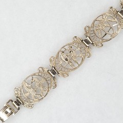 Vintage Germany Bracelet Tropical Seahorse Parrots Palm Trees Silver Tone 7″