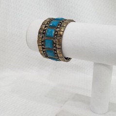 Vintage Boho Tribal Solid Brass & Teal Acrylic Inserts Stretch Bracelet