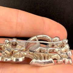 Vintage Pot Metal Flower Basket Rhinestone Brooch Silver Tone READ