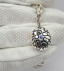 Vintage Silver Tone Chunky Chain Bracelet with Oval Enamel Locket & Blue Crystal