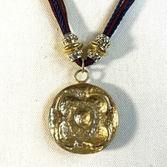 1980s Medallion Necklace Pendant 5 Strand Cord Large Statement Gold Tone Beads