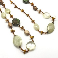 Vintage Green Glass Stone & Mother Of Pearl Beaded Long Strand Necklace 46″