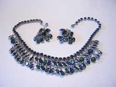 WEISS Lavish ADMIRAL BLUE & FOREST GREEN Rhinestones FRINGE Necklace & Earrings