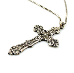 Large Rococo Cross Pendant Necklace Silver Tone Sterling Chain 18 Inch