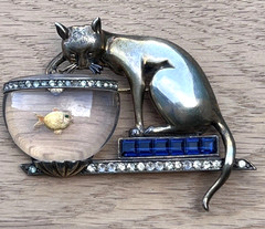 1940s Anthony Aquilino Sterling Silver Cat Fishing Fish Bowl Jelly Belly Brooch