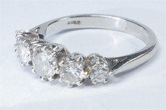 VINTAGE ENGLISH SOLID PLATINUM DIAMOND 5 STONE RING c1980’s – 1.35ct.