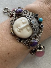 Vintage 925 Sterling Silver Multi Gemstone Goddess Toggle Bracelet Estate Jewelr