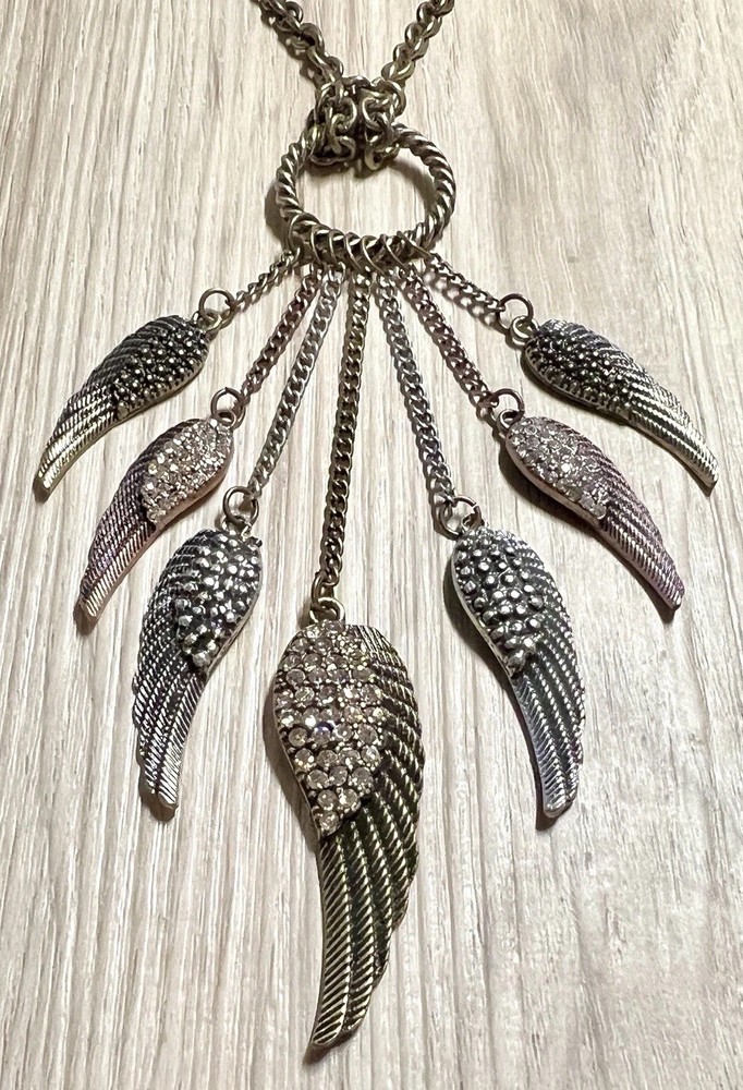 Vintage VCLM Bronze Tone Wing Cubic Zirconia Accented Chandelier Necklace, 22”