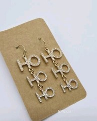 Christmas Earrings HO HO HO Pierced Enamel Gold tone Crystal 2.25 in #4