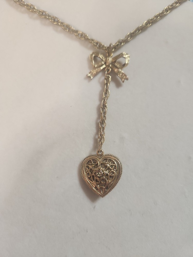1928 Marked Heart And Bow Dangle Necklace 17 Inches