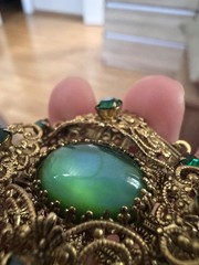 RARE Vintage Czech 1960s Green Saphiret Sapharine Pendant Necklace Opaline Glass