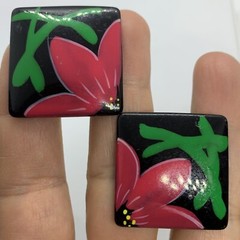 VTG 80s RESIN PINK FLOWER BLACK BIG SQUARE EARRINGS CLIP-ON STATEMENT