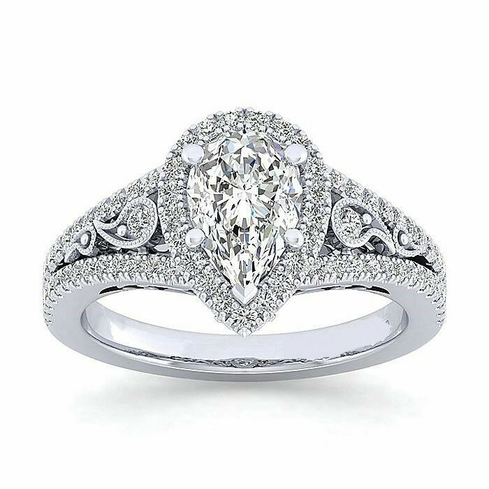 Art Deco Pear Lab Created Diamond Bridal, Party Wear 14K White Gold Finish Ring