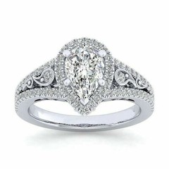 Art Deco Pear Lab Created Diamond Bridal, Party Wear 14K White Gold Finish Ring