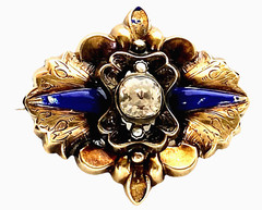 Antique 10K Yellow Gold Blue Enamel, Seed Pearls, Paste Diamond 7.3 grams 1-5/8″
