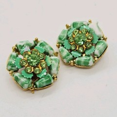 Selro Selini Green Clip On Earrings Rhinestone Flowers Gold tone Designer 1 in