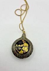 Vintage Cloisonne Pendant Necklace Double Sided Black Floral Gold Tone Enamel
