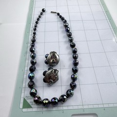 VTG West Germany Peacock Aurora Borealis Crystal Beaded Necklace & Clip Earrings
