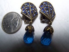 “LaVintage” China Signed Blue Rhinestones & Crystal Glass Clip Earrings – D21
