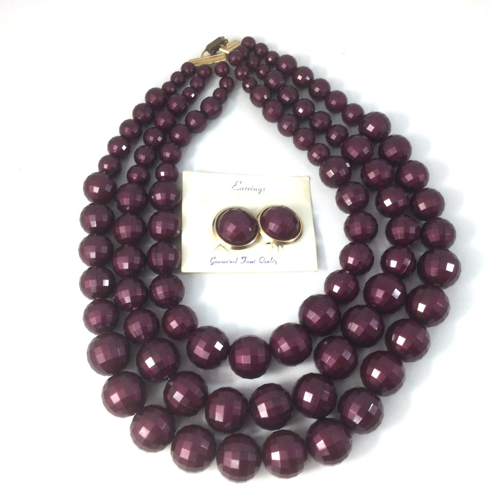 Vintage Triple Layered Plastic Round Faceted Purple Beaded Necklace Earrings
