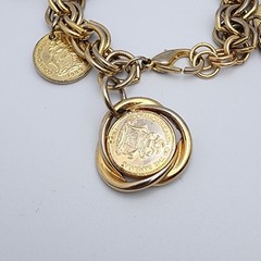 Vtg Bahama Coin Dangle Charm Gold Tone Bracelet 80s 90s Double Link Chain 7.5″