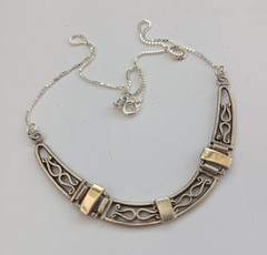 Ethnic Revival Sterling Silver Bib Necklace Israeli Artisan Gold Accent Scroll