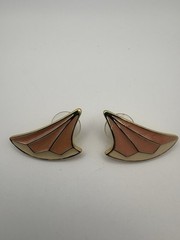 Vintage Trifari Enamel Pierced Post Earrings Gold Tone Art Deco Fan Peach Cream