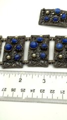 Silver Blue Stone Bracelet Lapis Pearl Vtg Ornate Brutalist Panel Mixed Metals