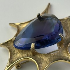 Atomic Blast Brooch Pin Signed BSK Gold Tone Blue Stone Starburst Vintage MCM