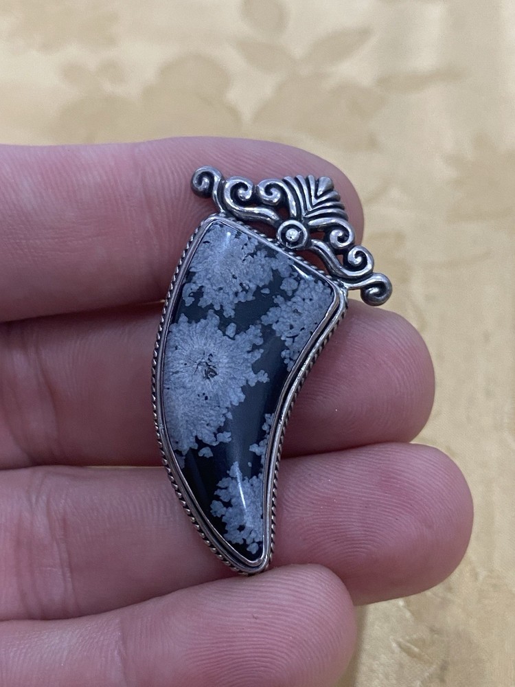 Vintage Sterling Silver 925 Tested Estate Acquired Snowflake Obsidian Brooch Pin