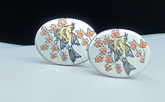 Vintage Damascene Stud Earrings Reed & Barton Silver Bird Maple Leaf .5″