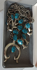Vintage Goldette Squash Blossom Faux Turquoise Necklace 25″ 1970’s Southwestern