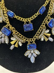 Art Deco Rhinestone Bib Necklace Adjustable length Blue Tones Statement Piece