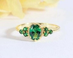 Oval Cut Green Emerald Lab Created Diamond Wedding 14Ct Yellow Gold Finish Ring