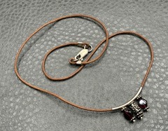 Vintage Garnet Cabochon Leather Cord Necklace Sterling Silver Pendant Choker