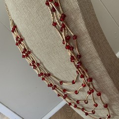 Vintage Red Bead Multi Strand Necklace Gold Tone Bar Link Layered