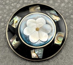 Vintage Mexico Alpaca Silver Mother of Pearl Abalone Flower Brooch Pin Boho