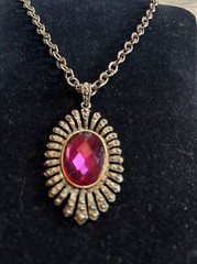 VTG 1928 Jewelry Pendant Necklace Pink Faceted Glass Cabochon Brass Tone
