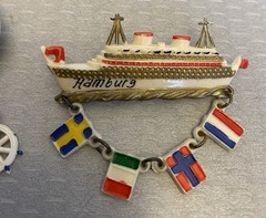 Vintage Celluloid Brooch Lot 2 Globe Ship Ocean Liner Dangling Flag Charms