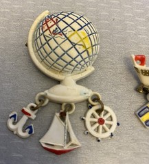 Vintage Celluloid Brooch Lot 2 Globe Ship Ocean Liner Dangling Flag Charms