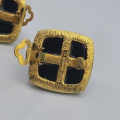 Vintage Les Bernard Square Gold Tone Black Acrylic Cabochon Chunky Clip Earrings