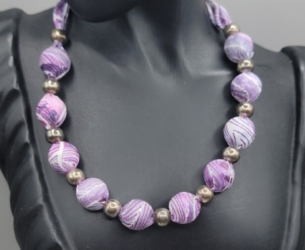 Vintage Purple Silk Wrapped Bead Necklace White Swirl Silver Tone Spacers 22″