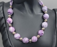 Vintage Purple Silk Wrapped Bead Necklace White Swirl Silver Tone Spacers 22″
