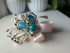 Vintage Atomic MCM Blue Mercury Glass Ball Silver Beads Corsage Pin Rare Find