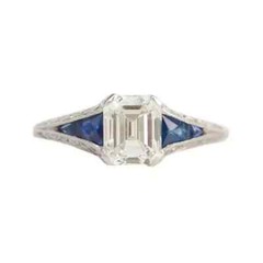 Art Deco Style Lab Created Diamond & Sapphire 14K White Gold FN Engagement Ring