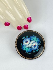 Vintage Wood Hand Paint Russian Lacquer Blue Green Floral Flower 2″ Brooch Pin