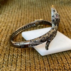 Vintage Style 4.85ctw Rose Cut Diamond Ruby Studded Silver Snake Bracelet Bangle