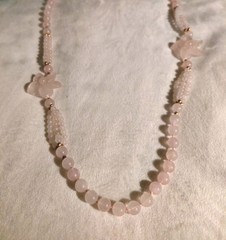 Vintage Pink Rose Quartz Hand Knotted Beaded Necklace With 2 Carved Pink Quartz