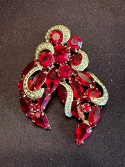 Vintage Mid Century Ruby Red Rhinestone Brooch Rhodium Plated Open Back Unsigned