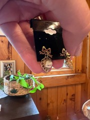 Vintage Gold-Tone Bow and Heart Drop Earrings with Floral Cameo Detail